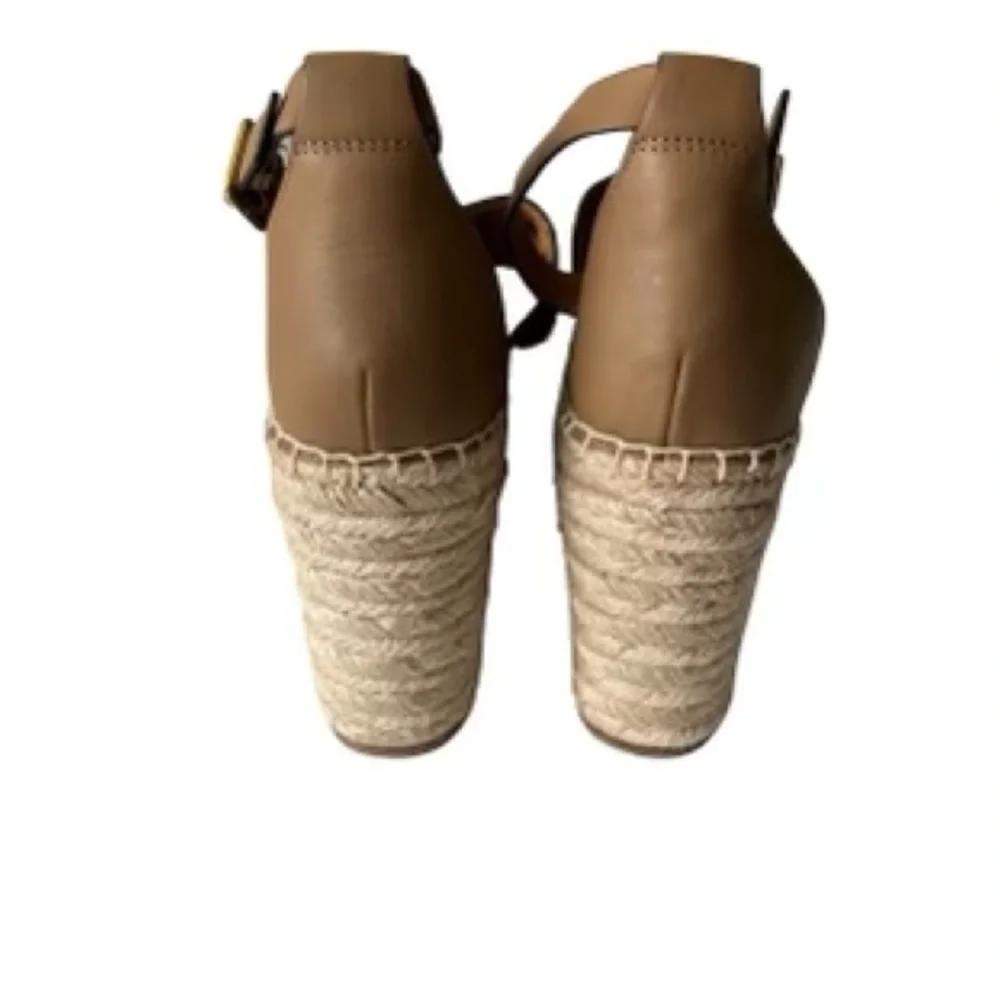 Tory Burch Basketweave Espadrille Leather Wedge Almond Flour Size 11 NWOB